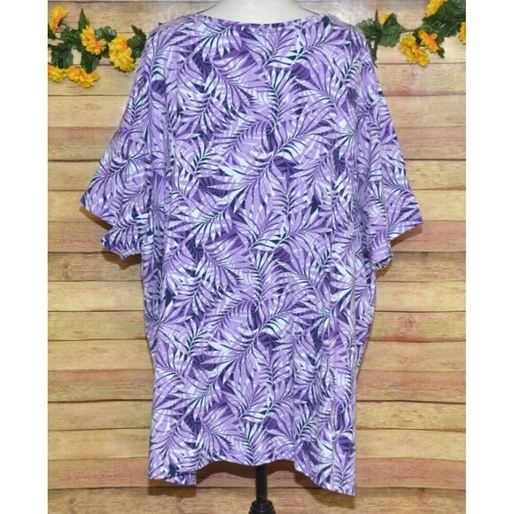 Catherines Easy Fit Tees Tunic Top Size 4X Short Sleeve V-Neck Purple Leaves - Picture 6 of 10